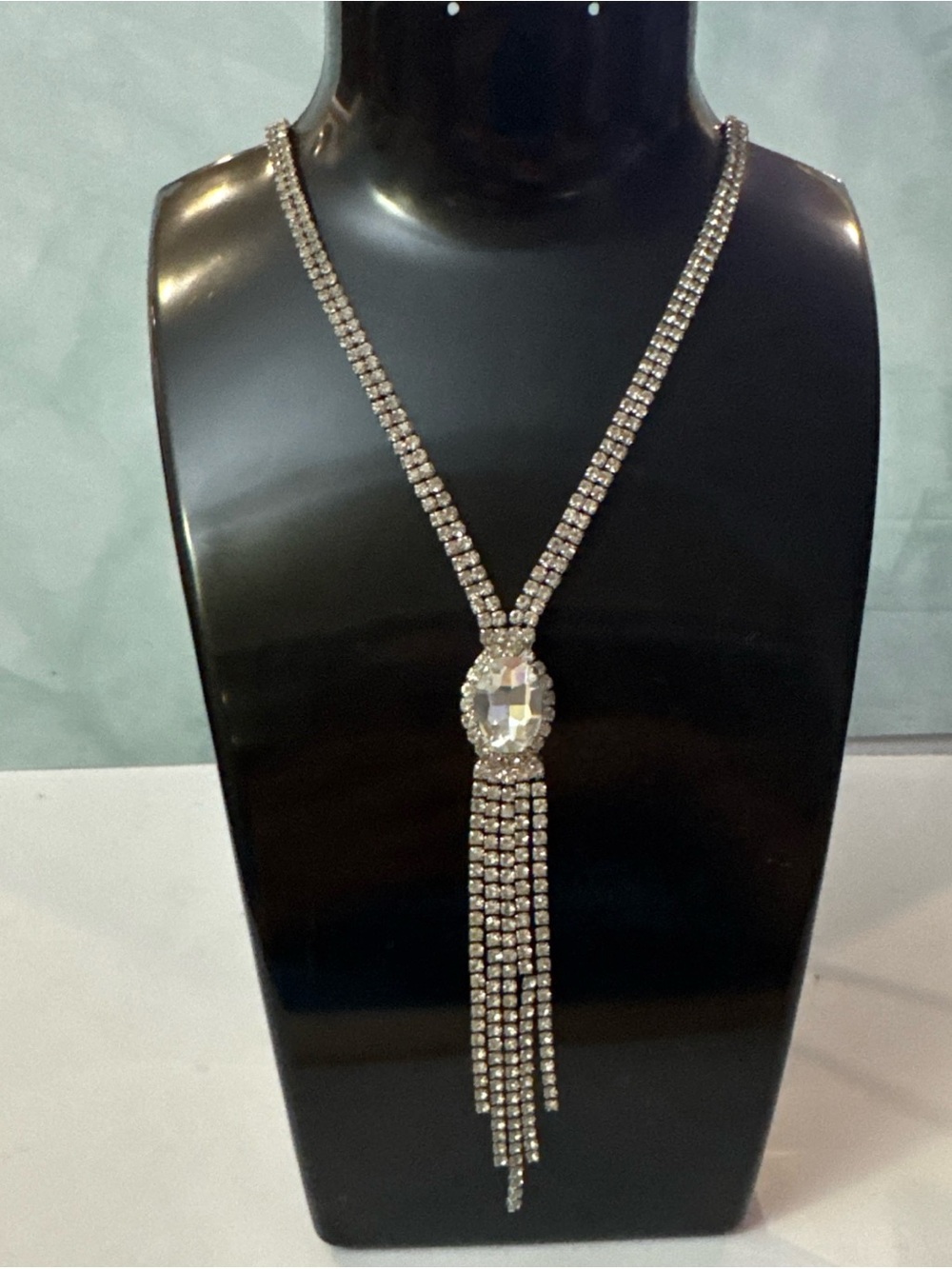 Vintage Crystal Tassel Y Style Necklace - Clear Rhinestones dressy